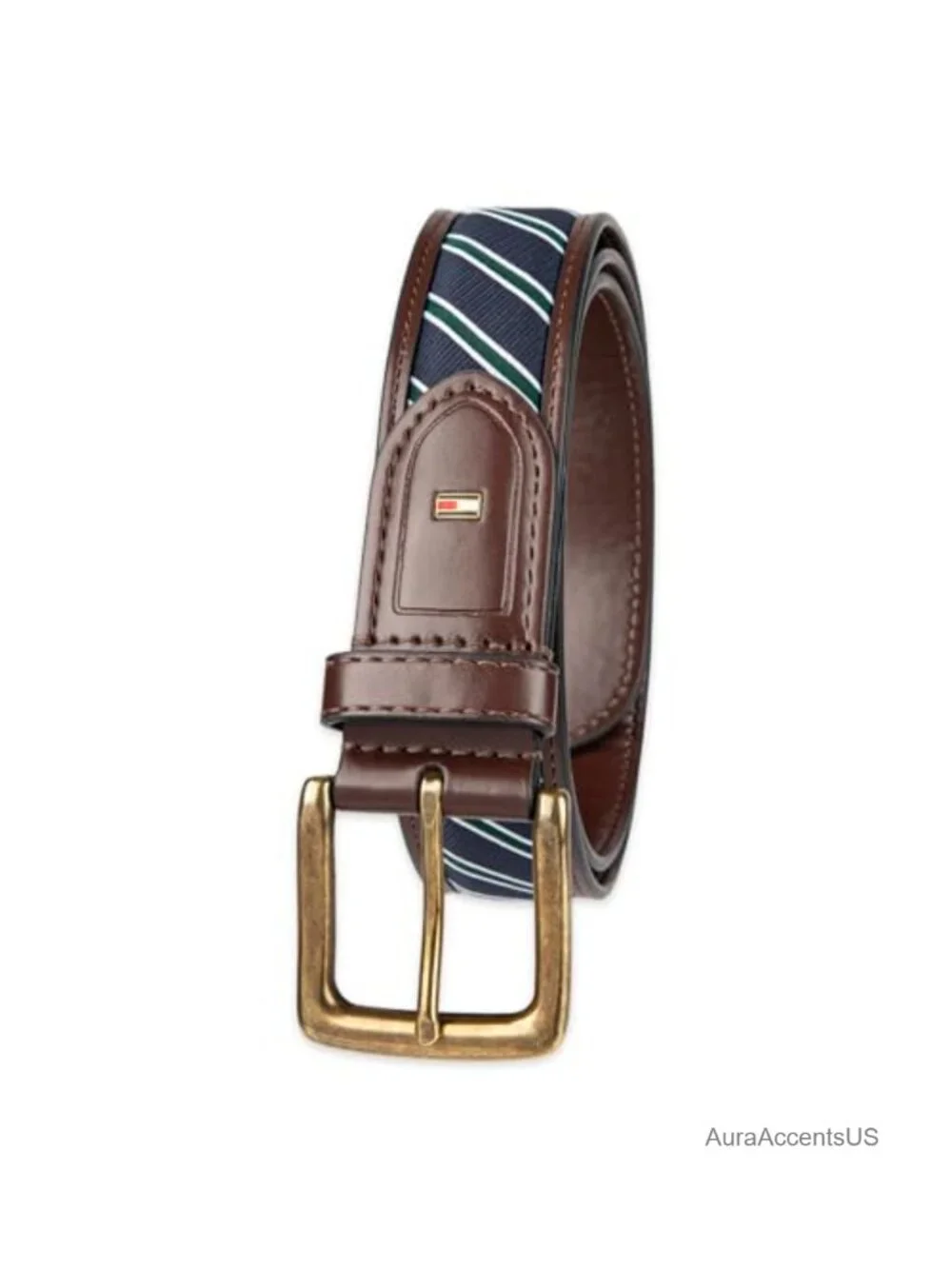 Men's Leather Ribbon Inlay Casual Belt with Polished Metal Buckle